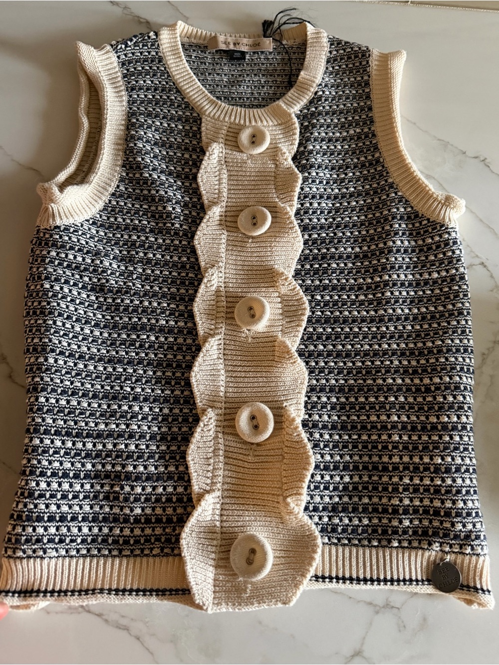 SEE BY CHLOE Navy and Cream Knit Sleeveless Vest with Button Placket size 2